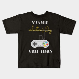 V Is For Valentine's Day Video Games with a controller design illustration Kids T-Shirt